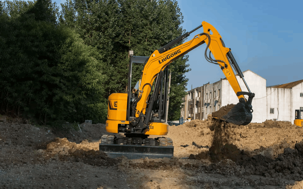 LiuGong 9035F ZTS compact excavator operating on tight urban jobsite in Saudi Arabia